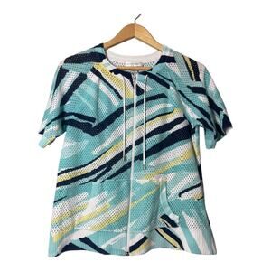 Christopher & Banks Perforated Sweater Cardigan Large Blue Yellow White Beachy